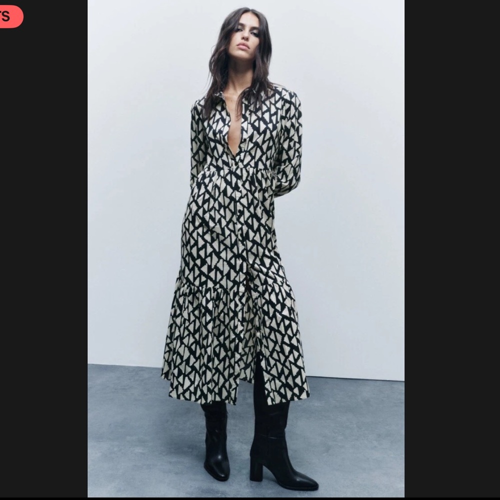 Zara Monochrome Geometric Long Sleeve Dress